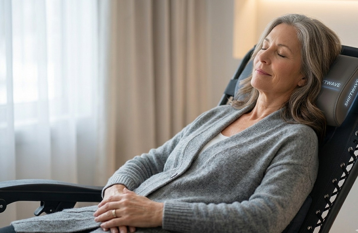 A person experiencing deep relaxation and PTSD relief in the Shiftwave chair